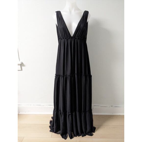 Leena for Mac Duggal Size 0 Ruffle Maxi Shift Tiered Dress Black V Neck Sheer - Picture 3 of 15